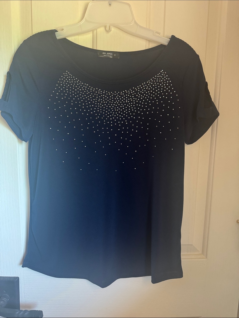 Amelia James Black Short-Sleeve Scoop Neck Top with Rhinestone Detail